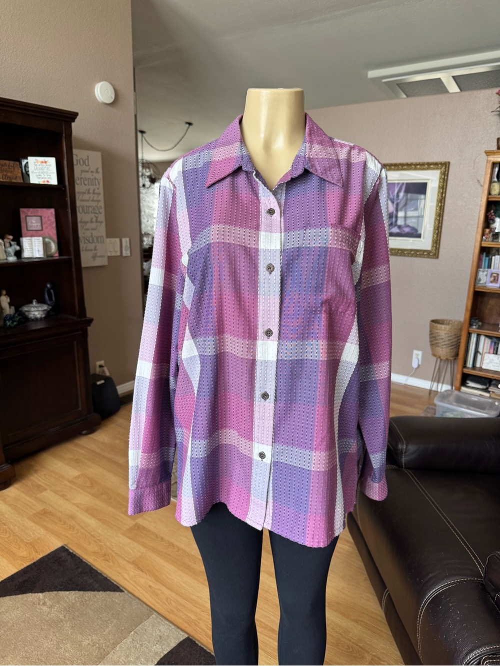 Alfred Dunner pink, purple and white plaid button down shirt-size 16